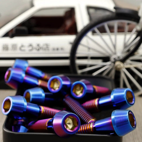 Five Pack Titanium M6x1 Thread 25mm Hex Socket Head Bolts For Bike Stem Burnt Blue Titanium Finish Tapered Head in box