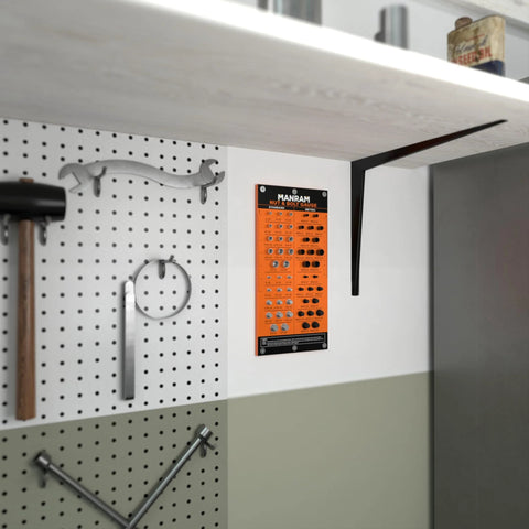 Orange Manram nut-and-bolt thread gauge mounted on pegboard wall, showing standard and metric sizes