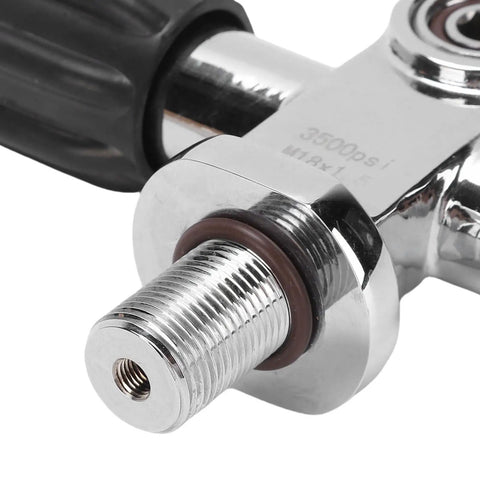 Close-up of 3500 PSI Scuba Tank Valve DIN Yoke Stainless Steel M18x1.5 Thread For Air Tanks Snorkeling And Diving With Durable Sealing