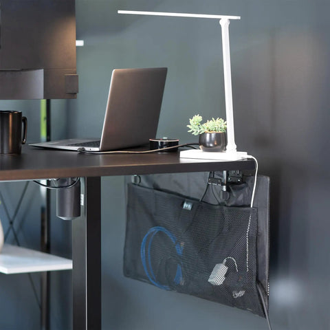 30 Inch Clamp On Desk Skirt With Privacy Panel And Cable Management System To Keep Cords Tucked And Your Space Quiet, Black in use.