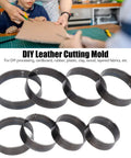 Pro Grade Leather Cutting Dies Set With Round Hole Punch Tools for DIY leather craft, alloy steel templates shown on table.