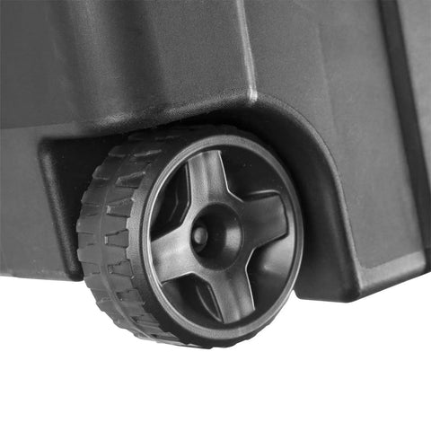 Close-up of wheel on Beefy 40 Gallon Plastic Storage Bins 2 Pack With Durable Lids And Secure Latching Buckles Stackable Heavy Duty Totes