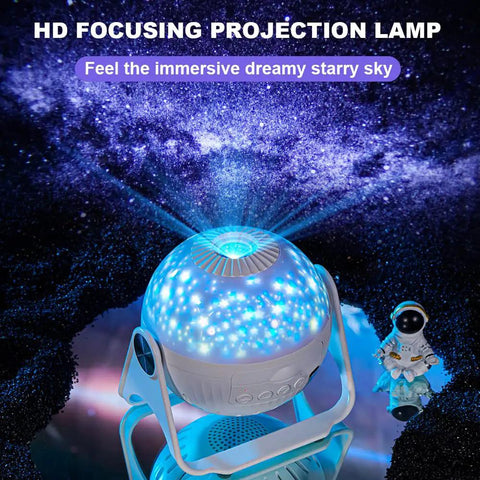 7 In 1 Planetarium Projector For Kids Room Decor With HD Focus, glowing blue starry night light with rotating features.