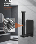 Self Adhesive RV Toilet Paper Holder With Two Hanging Hooks For Campers No Drill Wall Mount Black Finish Ideal For Bathroom Kitchen Or Bedroom Durable Rustproof Stainless Steel Build For Lasting Use showcasing its anti-corrosion and rust-proof 304 stainless steel material.