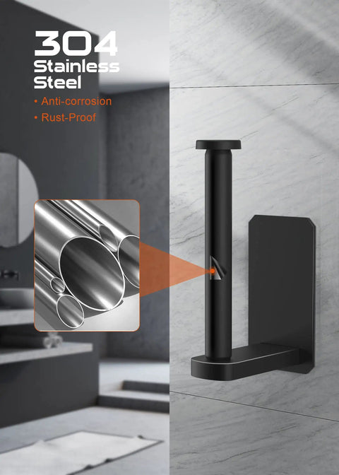 Self Adhesive RV Toilet Paper Holder With Two Hanging Hooks For Campers No Drill Wall Mount Black Finish Ideal For Bathroom Kitchen Or Bedroom Durable Rustproof Stainless Steel Build For Lasting Use showcasing its anti-corrosion and rust-proof 304 stainless steel material.