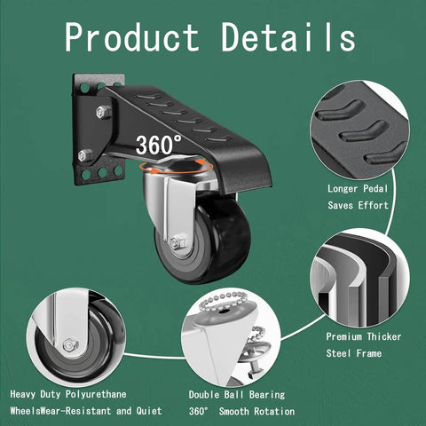 Heavy Duty Retractable Caster Swivels With Foot Release Brake 2.5 Inch Polyurethane Wheels Drop In Shop Mobility Kit close-up showing steel frame and smooth rotation features.