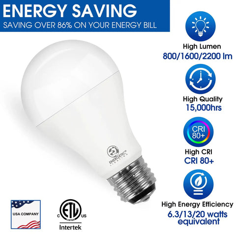 3 Way A21 LED Light Bulbs 50/100/150W Equivalents, 800/1600/2200 Lumens, 5000K Daylight, Instant On, ETL Listed bulb diagram