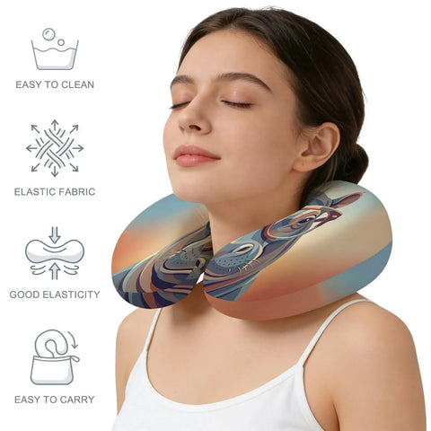 Woman uses U Shaped Travel Pillow With Memory Foam Core Orange Hippo Animal Design Neck Pillow For Airplane Car Office Or Home Use Ultra Cozy Support For Head Neck Comfort And Quick Naps, showing elastic fabric and easy-to-clean features.