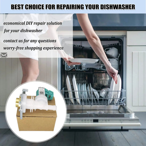 Dishwasher Water Inlet Valve 622058 Replacement Part AP4927070 PS3491417 33299010 next to open dishwasher with dishes