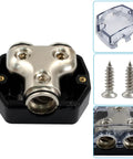 Two Way Power Ground Distribution Block for Car Audio, 0 Gauge Wiring, Heavy Duty Alloy Build With 1 Input and 2 Output Terminals, Simple Install, Reliable Ground and Power Split for Amp System, black alloy with cover and screws