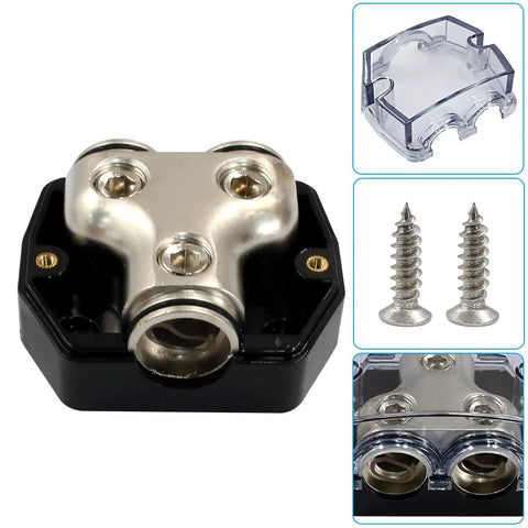 Two Way Power Ground Distribution Block for Car Audio, 0 Gauge Wiring, Heavy Duty Alloy Build With 1 Input and 2 Output Terminals, Simple Install, Reliable Ground and Power Split for Amp System, black alloy with cover and screws