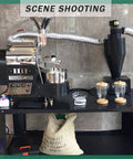 At Home Coffee Roaster With Timer, Large Capacity Nonstick Bean Roaster For Home Or Small Cafe, Easy Operation, Durable Electric Roasting Machine In Yellow For Fresh, Flavorful Beans Every Batch setup on counter with accessories.