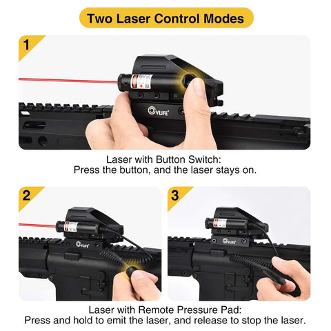 1x22x33 Reflex Sight with Red and Green Dot Reticle and 2mW Red Laser shown with two control modes on rifle