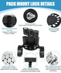 Upgraded RX LOX PM Gas Can Pack Mount With Key Locking For Rotopax secure water tank carrier shown with installation details
