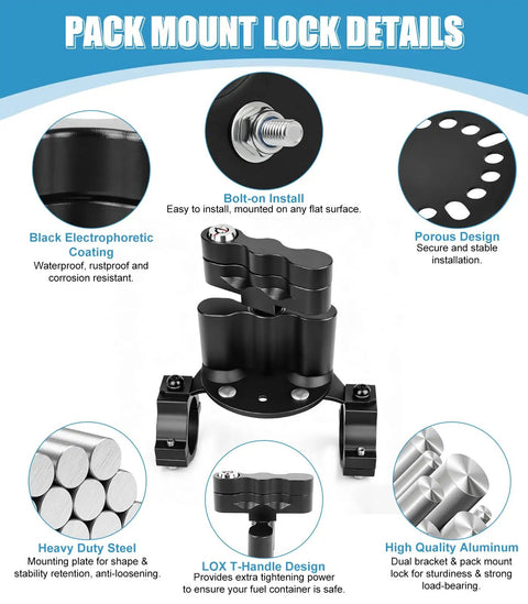 Upgraded RX LOX PM Gas Can Pack Mount With Key Locking For Rotopax secure water tank carrier shown with installation details