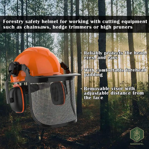 All In One Industrial Forestry Safety Helmet With Adjustable Mesh Face Shield And Ear Muffs For Chainsaw Use Eye And Hearing Protection Arborist Gear Pro Grade PPE For Outdoor Forestry Tasks Orange