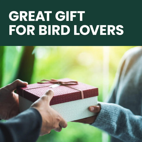 Two people exchanging a gift box labeled 'Great Gift for Bird Lovers' with green background.