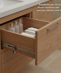 Wooden drawer with stainless steel full extension side mount drawer slides for cabinets and furniture, shown installed.