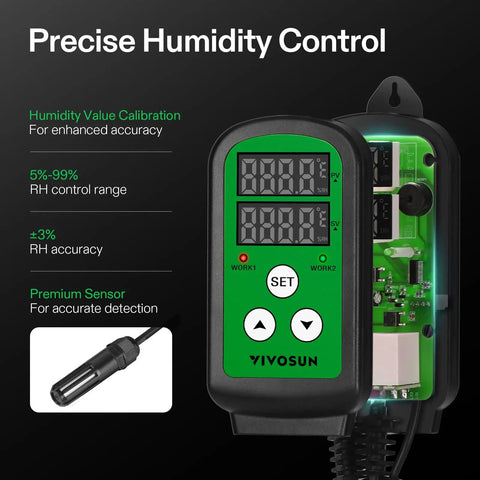Slick Digital Humidity Controller With Dual Led Displays And Hassle Free Pre Wired 1200W Dual Stage Outlet For Automatic Humidifier Dehumidifier Fan Control In Your Grow Tent Greenhouse Or Home Brew Setup
