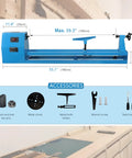 Kickstart Your Woodworking Game With This Smooth Mini Lathe Machine! Featuring dimensions and accessories details.