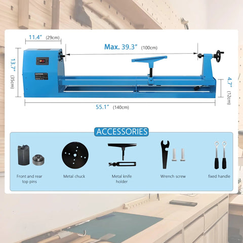 Kickstart Your Woodworking Game With This Smooth Mini Lathe Machine! Featuring dimensions and accessories details.
