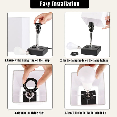 Easy installation steps for Three Color Temperature USB Table Lamp For Bedroom And Desk, Nightstand Light with USB Port and AC Outlet.