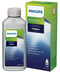 Philips Decalcifier 250ml bottle and box for espresso machines with text in multiple languages, 250ml size visible.