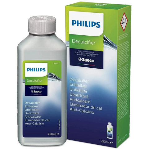 Philips Decalcifier 250ml bottle and box for espresso machines with text in multiple languages, 250ml size visible.