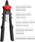 Boss Level Heavy Duty Manual Pop Rivet Gun Kit Featuring 200 Rugged Aluminum Rivets Plus Five Swap Out Nozzles, side view with rivets.