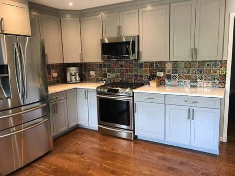 Kitchen backsplash with Mexican Tile Mix 100 Tiles 4x4 Ceramic Squares in totally mixed colors, Spanish colonial style, handmade finish.