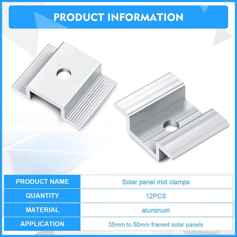 12 Pack Aluminum Solar Panel Mid Clamps 1.06 Inch For Secure Mounting, product information showing aluminum clamps