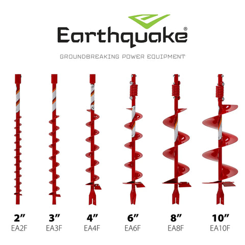 Earthquake power equipment augers, including 10 Inch Diameter 36 Inch Long Earth Auger With Fishtail Point And Flex Coil Shock Spring.