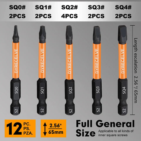 12 Pack Square Drive Bit Set In Premium S2 Alloy Steel Pro Grade With Magnetic Heads, Long 2.55 Inch Square Bits And Hex Shank