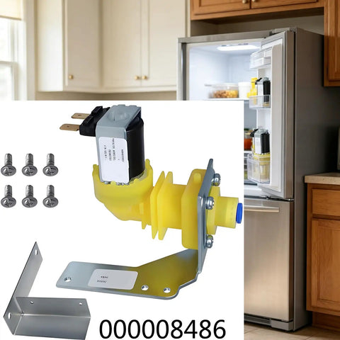 Ice Machine Water Inlet Assembly Replacement Part 000008486 With Solenoid Component And Hardware Kit For Maintenance Checks DIY Ready Durable Easy Install Replacement For Ice Makers And Ice Machines. Yellow plastic inlet assembly with solenoid and mounting bracket