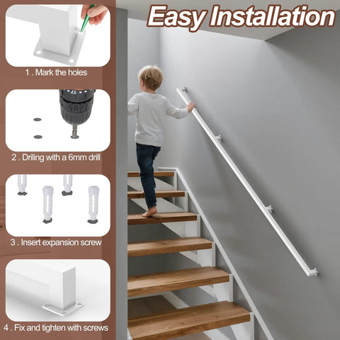 Child using the Six Foot White Square Tube Handrail With Super Grip Joints For Indoor Stairs during installation process.