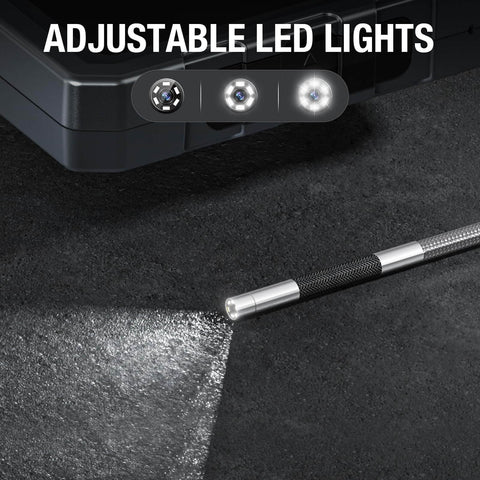 Close-up of adjustable LED lights on a Two Way Articulating Borescope With Light For Auto Maintenance And Diagnostics, illuminating a surface.