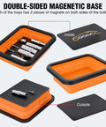 Orange Silicone Collapsible Magnetic Parts Tray Set In Three Sizes, showing foldable trays and magnet base, containing metal parts.