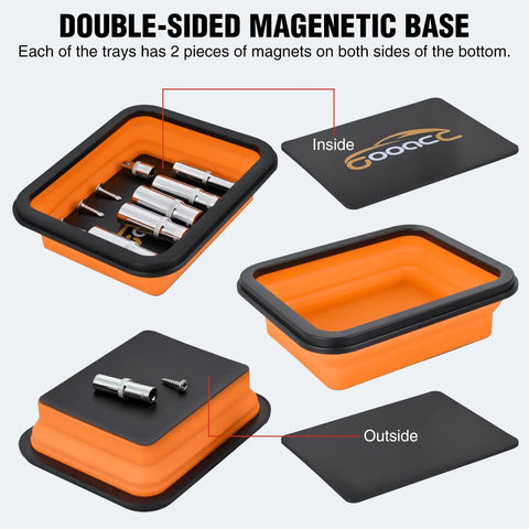 Orange Silicone Collapsible Magnetic Parts Tray Set In Three Sizes, showing foldable trays and magnet base, containing metal parts.