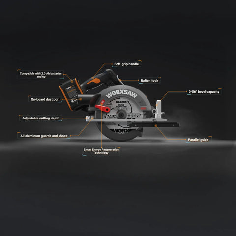Heavy Duty Cordless Circular Saw Brings Knockout Forty Volt Power with 7.25 inch blade and adjustable cutting features.