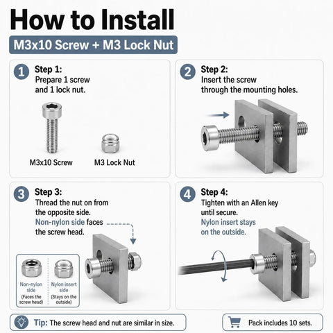How to install Rock Solid Heavy Duty M3 10mm Socket Cap Screws Paired With M3 Nylon Locknuts with step-by-step guide.