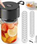 3 In 1 Mason Jar Vacuum Sealer Kit With One Touch Auto Pump, sealing jar with fruit and included lids, cable, and bags.