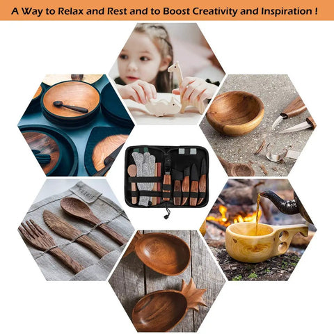 Wood Carving Kit With 6 Whittling Knives For Woodwork And Chip Carving, shown with carved wood items and ergonomic handles.