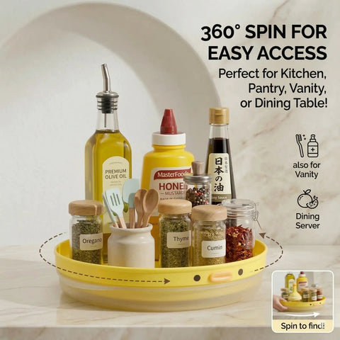 9.8 Inch Lazy Susan Organizer With 360 Degree Rotation For Spices And Bottles, Cute Duck Kitchen Accessory In Yellow PP displaying condiments