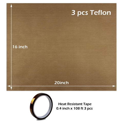Nonstick Sublimation Sheet 16x20 And Heat Resistant Tape Pack 3 Sheets Plus 3 Rolls 10mm X 33m 108ft, shown with dimensions and tape.