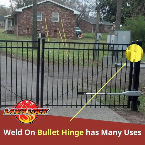 3 Inch Steel Weld On Bullet Hinge With Zerk Grease Fitting And Brass Bushing 2 Pack used on a black metal gate