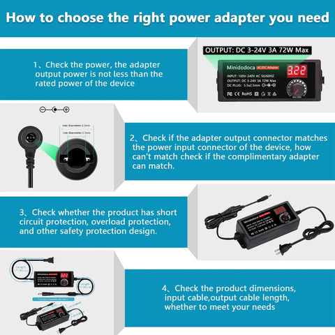 72W Adjustable AC to DC Power Supply Universal Adapter With LED Voltage Display and 16 Tips instruction guide