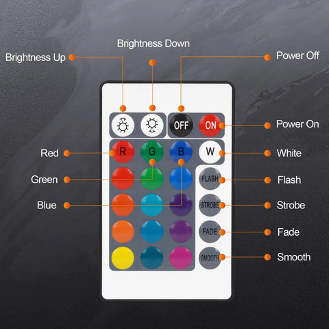 Remote control for Ford Mustang S650 RGB LED Side Marker Lights Kit with buttons and color options.