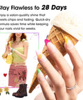 Woman with multicolor nails holding ice cream cone, promoting Dope 24 Piece Gel Nail Polish Set With 20 Colors Plus Base Coat And Cateye Top Coat UV Cured Soak Off Nail Kit 3 Free HEMA TMPTA TPO Gift For Women Great Gift For Any Nail Lover.