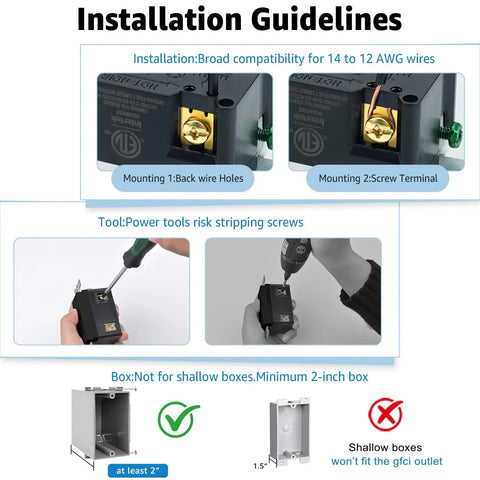 Installation guidelines for 20 Amp GFCI Outlet Weather Resistant Receptacle Kit With Screwless Wall Plate ETL Listed