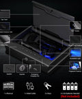 Biometric Pistol Safe With Quick Access Fingerprint, voice navigation, interior light, Type C port, mute mode, open safe view.